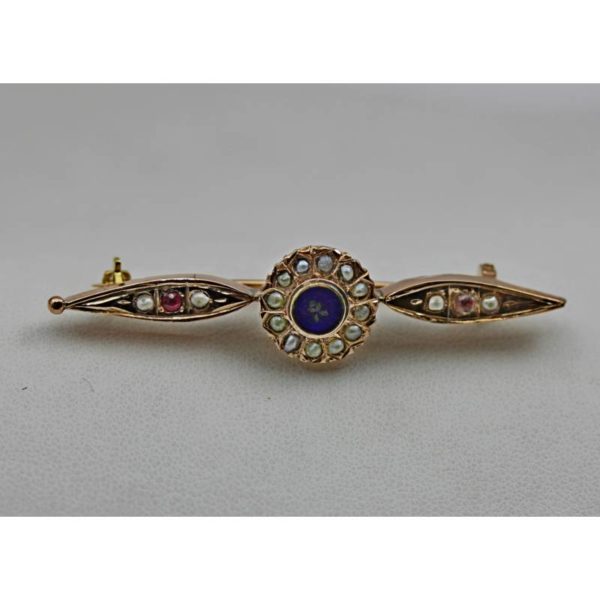 Spilla Liberty fine '800 – perle, rubini - smalto blu – oro K. 9