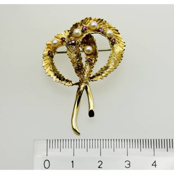 Spilla vintage perle e rubini - oro K. 18